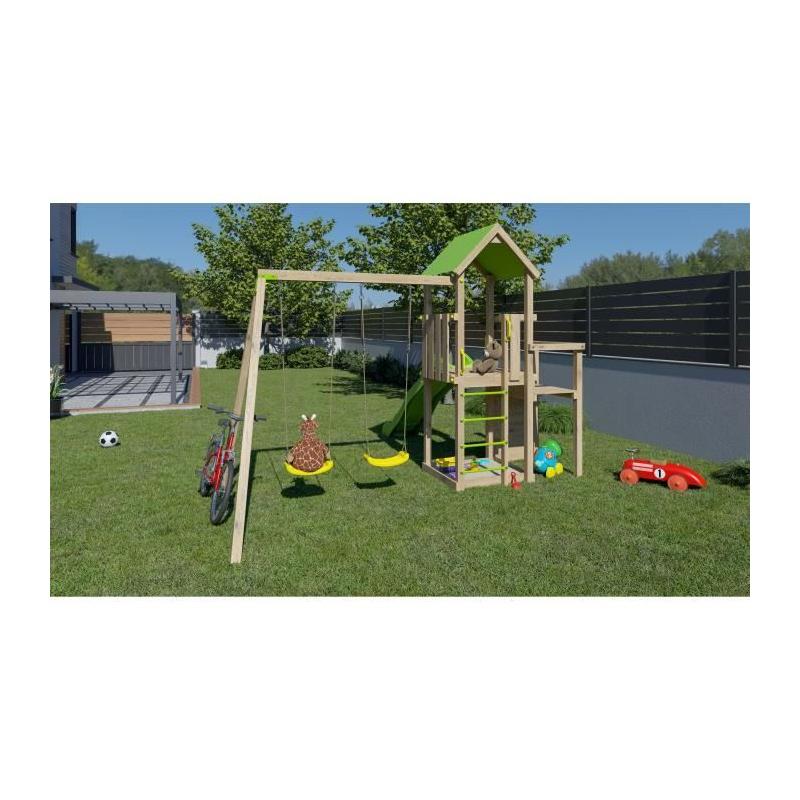 Aire de jeux en bois 2,20 m ULTRA XPERIENCE - TRIGANO JARDIN - Mur d'escalade toboggan et balançoires