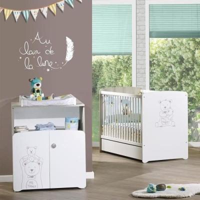 Ensemble chambre bébé Teddy: lit 120x60, commode à langer - Blanc