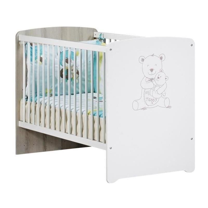 Ensemble chambre bébé Teddy: lit 120x60, commode à langer - Blanc