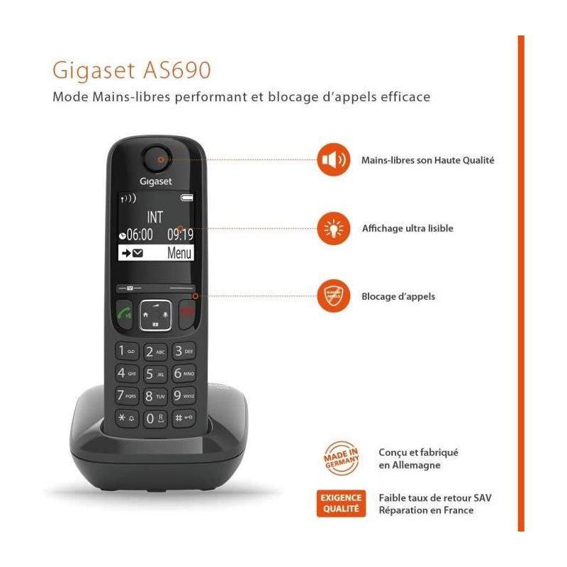Téléphone Fixe Gigaset AS690 Noir - Compact et performant