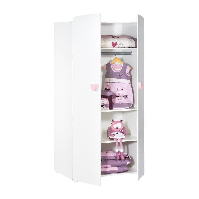 Armoire bébé Basic - MDF - Blanc - Bouton cœur rose