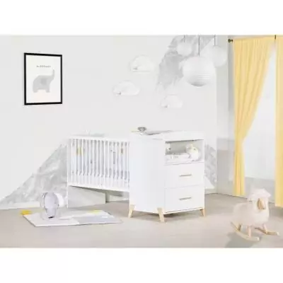 Lit Combiné Evolutif Joy Naturel - Blanc sur pieds bois naturel - 120x60cm