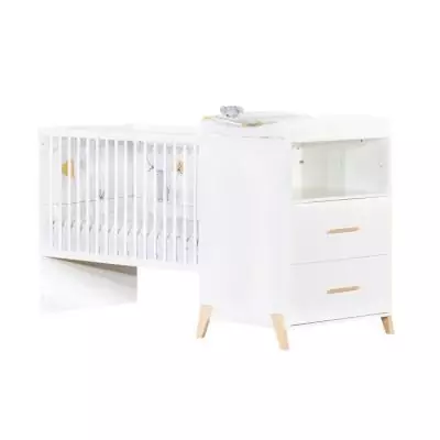 Lit Combiné Evolutif Joy Naturel - Blanc sur pieds bois naturel - 120x60cm