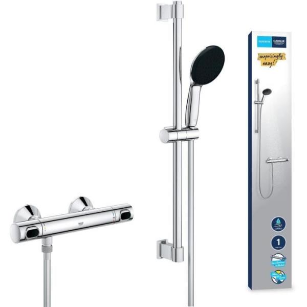 Ensemble de douche avec mitigeur thermostatique, pommeau 1 jet, barre 60cm et flexible - GROHE 34800001 - Economie d'eau - Chrom