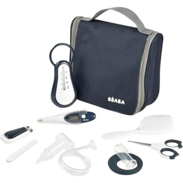 BÉABA - Trousse de Toilette Bébé - 9 Accessoires - Thermometre Bain et Digital - Anneau Dentition - Masseur de Gencives - Nig