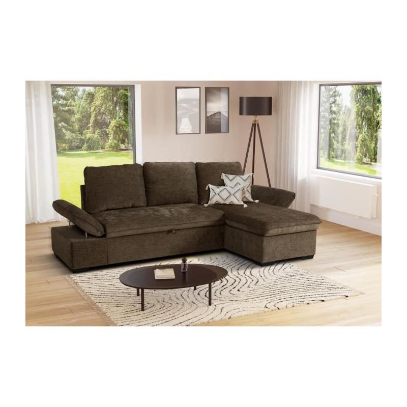Découvrez le Canapé d'angle convertible réversible CANDY en tissu chocolat avec coffre et ses dimensions généreuses de 297 x 148