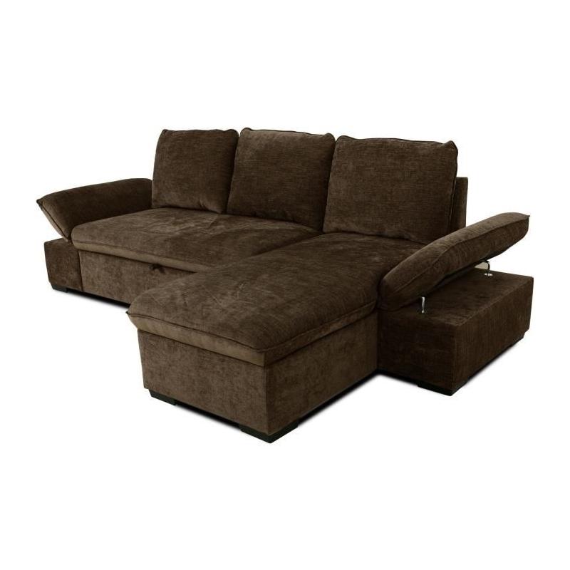 Découvrez le Canapé d'angle convertible réversible CANDY en tissu chocolat avec coffre et ses dimensions généreuses de 297 x 148