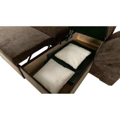 Découvrez le Canapé d'angle convertible réversible CANDY en tissu chocolat avec coffre et ses dimensions généreuses de 297 x 148