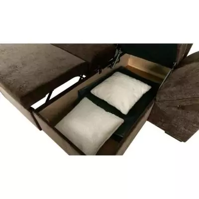 Découvrez le Canapé d'angle convertible réversible CANDY en tissu chocolat avec coffre et ses dimensions généreuses de 297 x 148