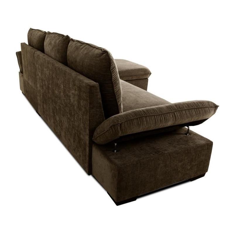 Découvrez le Canapé d'angle convertible réversible CANDY en tissu chocolat avec coffre et ses dimensions généreuses de 297 x 148