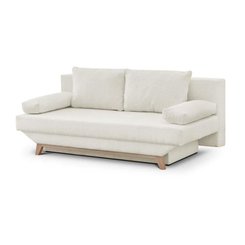 Banquette convertible 3 places TEIJO - Tissu bouclette beige - Coffre de rangement