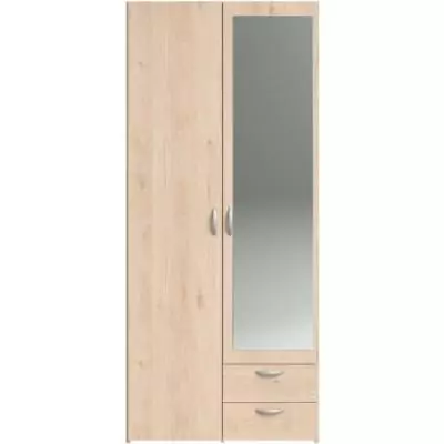 Armoire de chambre - VARIA - Décor chene - 2 portes dont 1 avec miroir - 2 tiroirs - 81 x 51 x 185 cm - PARISOT