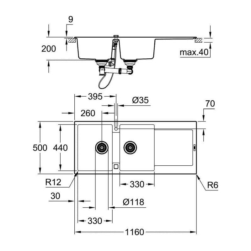 Évier composite GROHE avec égouttoir K500 1160 x 500 mm Gris granite