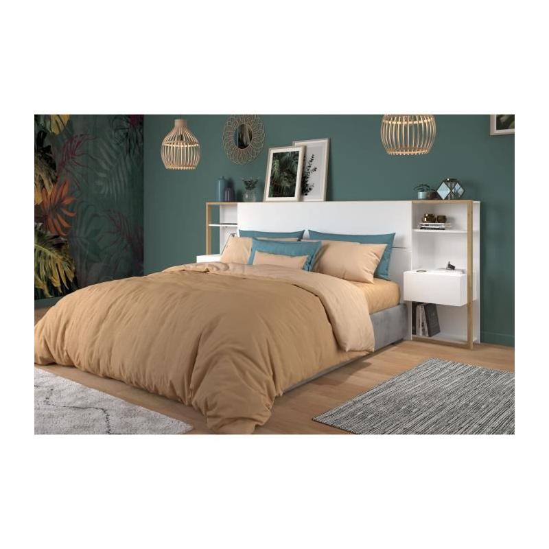Tête de lit avec étagères + chevets intégrés - Blanc et chêne - L 255 x P 36 x H 103 cm