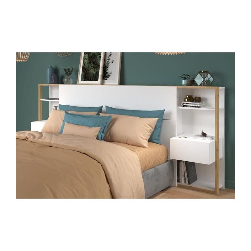 Tête de lit avec étagères + chevets intégrés - Blanc et chêne - L 255 x P 36 x H 103 cm