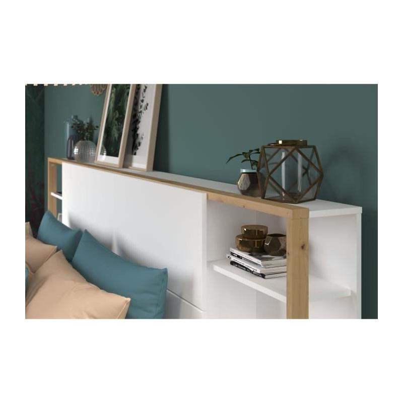 Tête de lit avec étagères + chevets intégrés - Blanc et chêne - L 255 x P 36 x H 103 cm