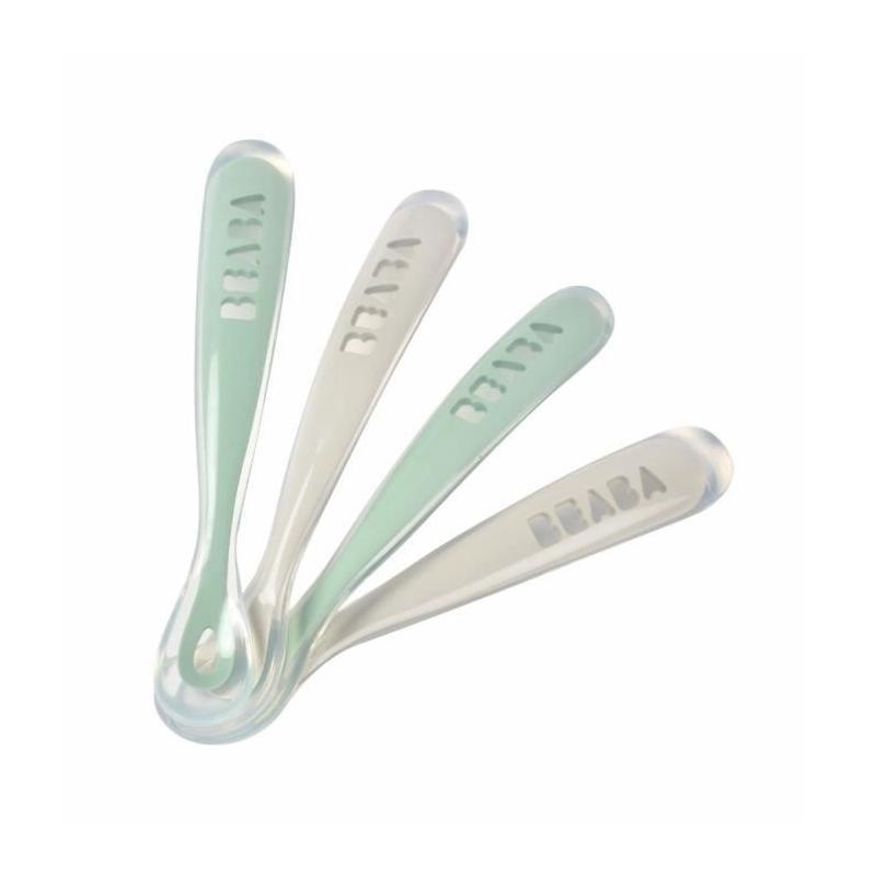 Lot de 4 cuillères - BEABA - Silicone 1er âge - Velvet grey / Sage green