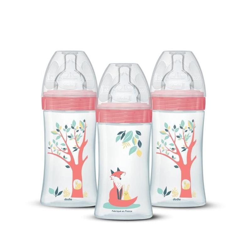 Ensemble pratique de 3 biberons Dodie EB20 270ml - Tétine plate - Rose