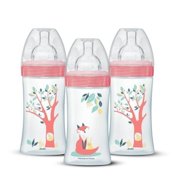 Lot de 3 biberons - DODIE - EB20 - 270 ml - Tétine plate - Rose