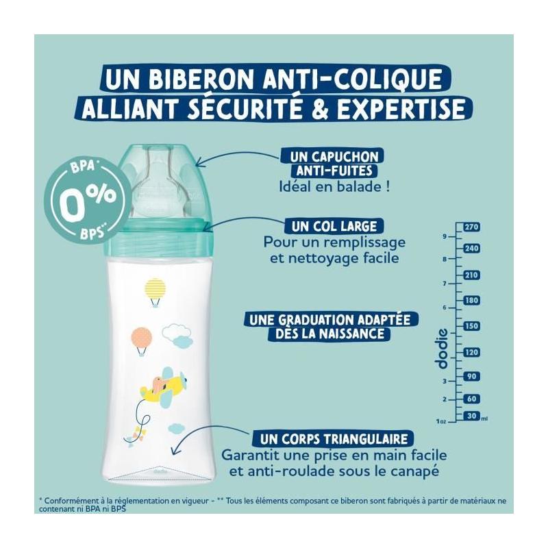 Ensemble pratique de 3 biberons Dodie EB20 270ml - Tétine plate - Rose