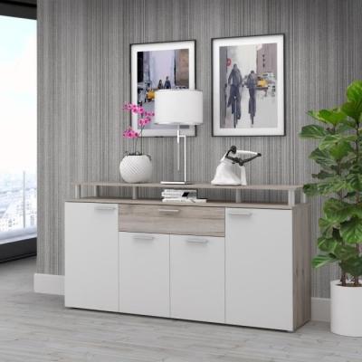 Ensemble mobilier contemporain blanc et chêne pour salle à manger