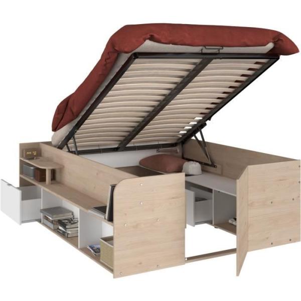 ODYSSEE Lit coffre adulte - 140x190/200 cm - Avec coffre relevable - Décor chene et Blanc - 168,3x66,5x209,5 cm