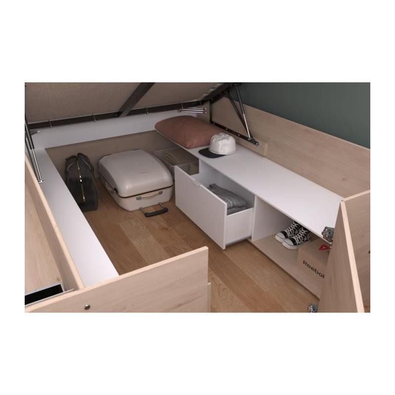 Lit coffre adulte design - 140x190/200 cm - Décor chene et Blanc