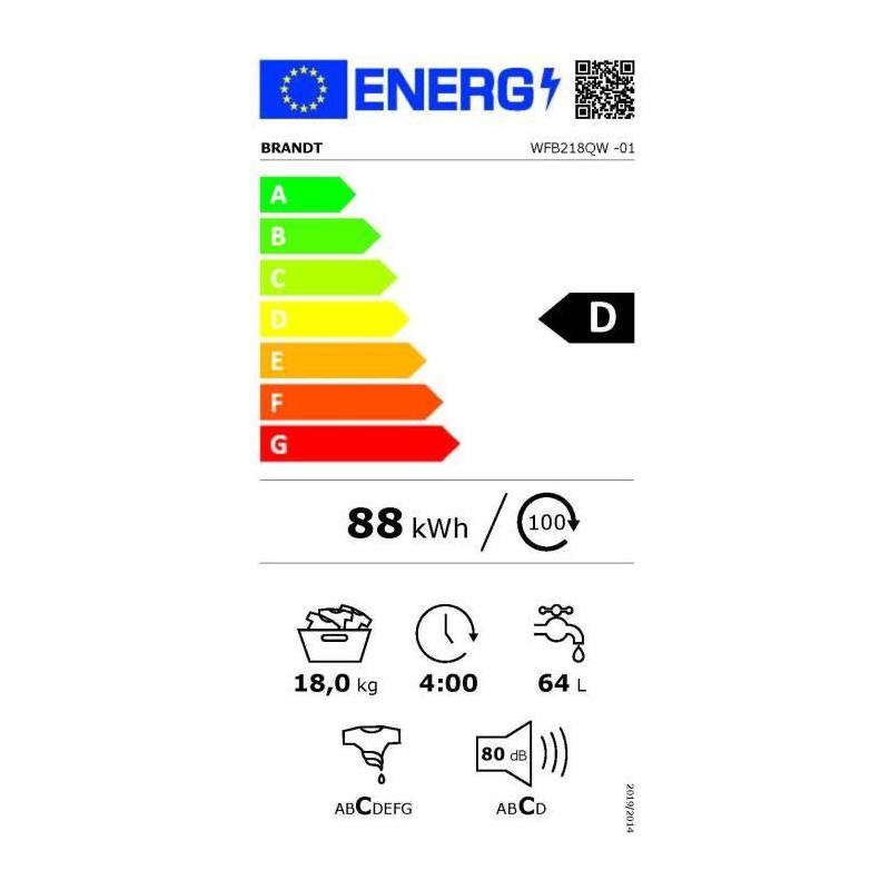 Lave-linge hublot BRANDT WFB218QW - 18 kg - Induction - Blanc