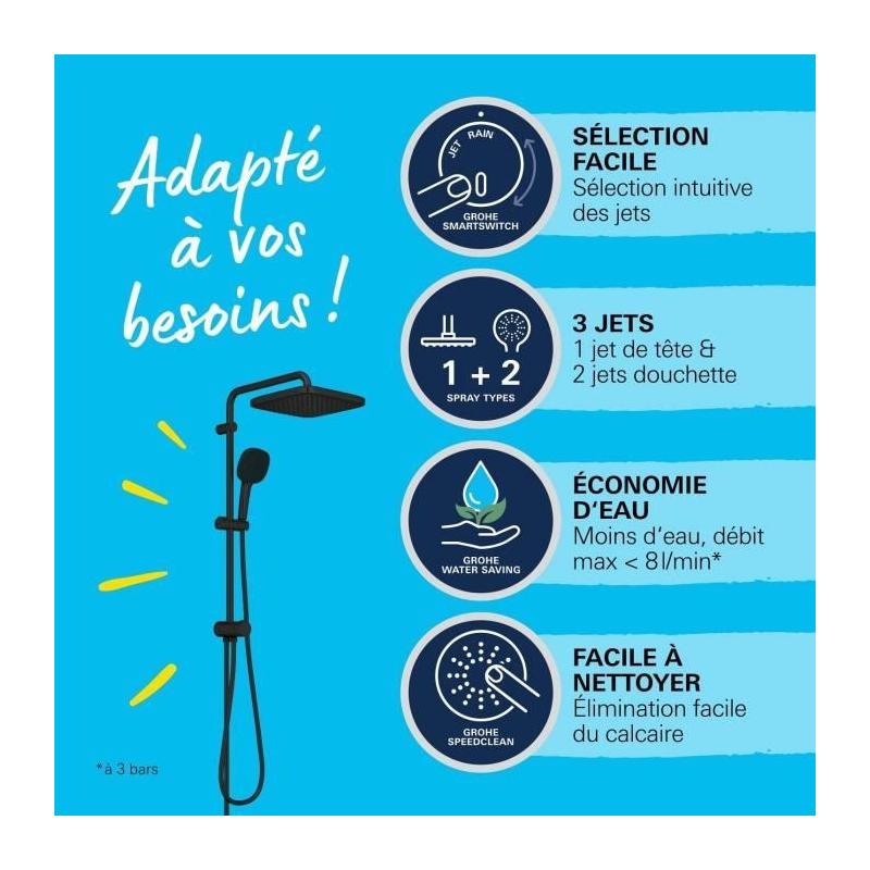Colonne de douche GROHE Vitalio Comfort 250 - Economie d'eau - Noir Mat