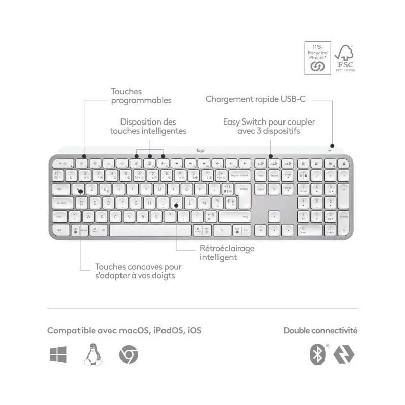 Clavier Logitech MX Keys S - AZERTY Français - Gris Pâle