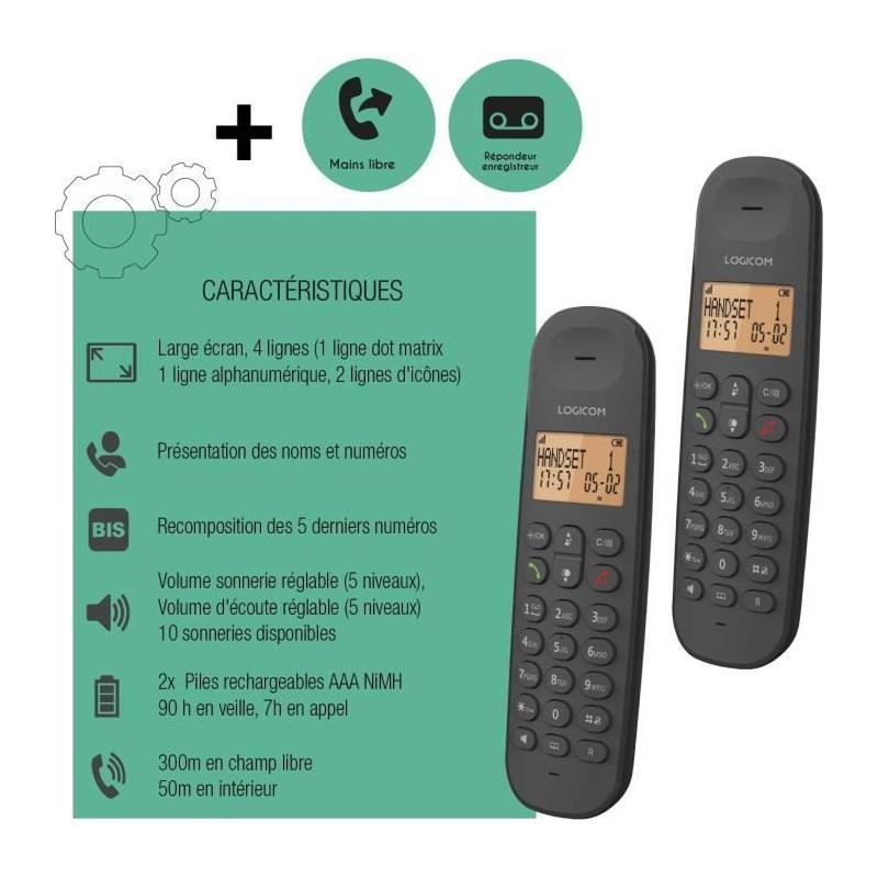 Téléphone fixe sans fil LOGICOM DECT ILOA 255T DUO - Noir - Avec répondeur