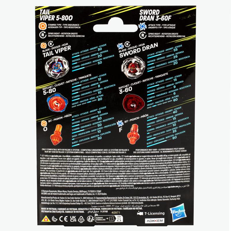 Beyblade X Tail Viper 5-80O & Sword Dran 3-60F Couvercle de toupie de combat