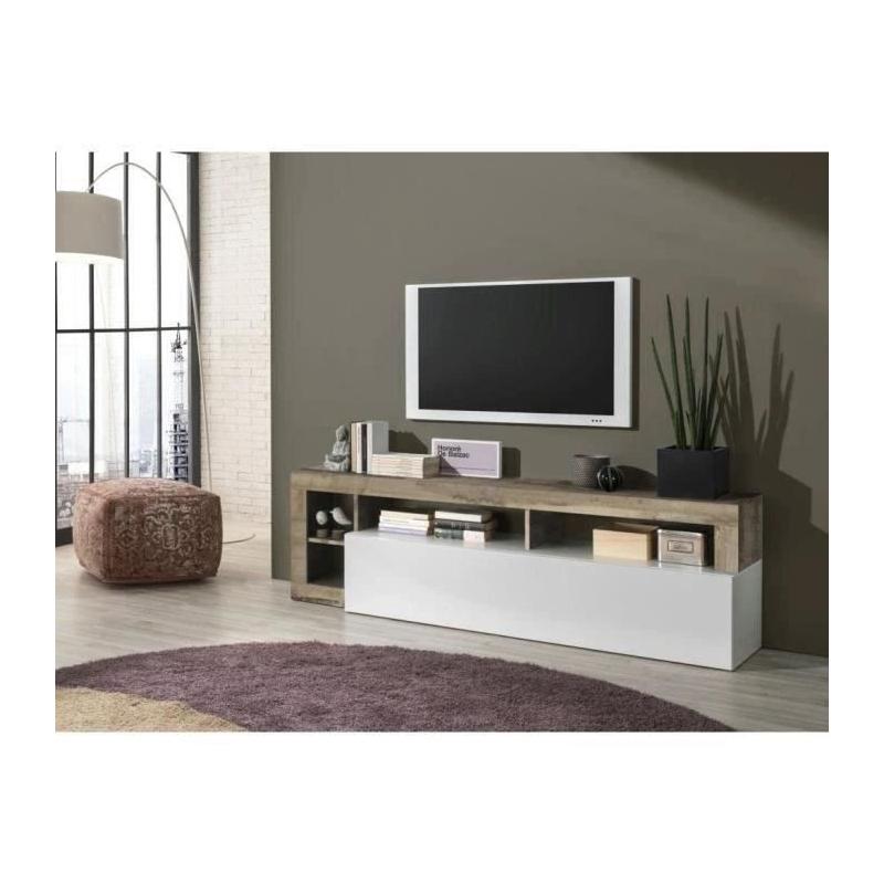 Meuble TV 1 porte Blanc Laqué et Bois Vintage - L 184 x P 42 x H 56 cm