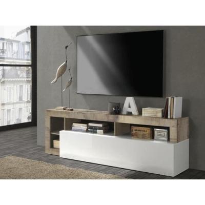 Meuble TV 1 porte Blanc Laqué et Bois Vintage - L 184 x P 42 x H 56 cm