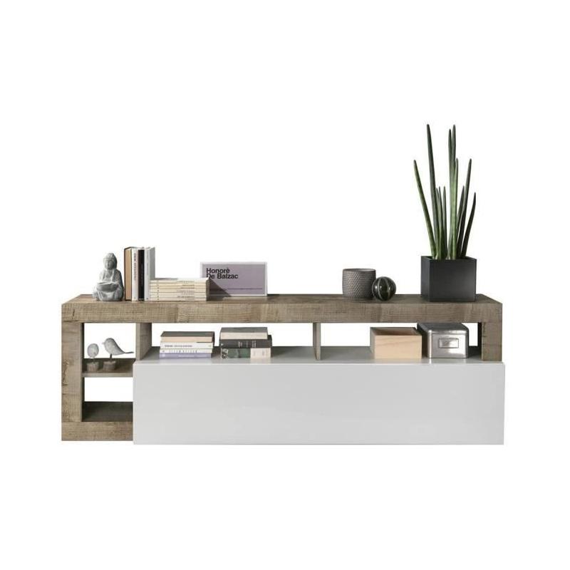 Meuble TV 1 porte Blanc Laqué et Bois Vintage - L 184 x P 42 x H 56 cm