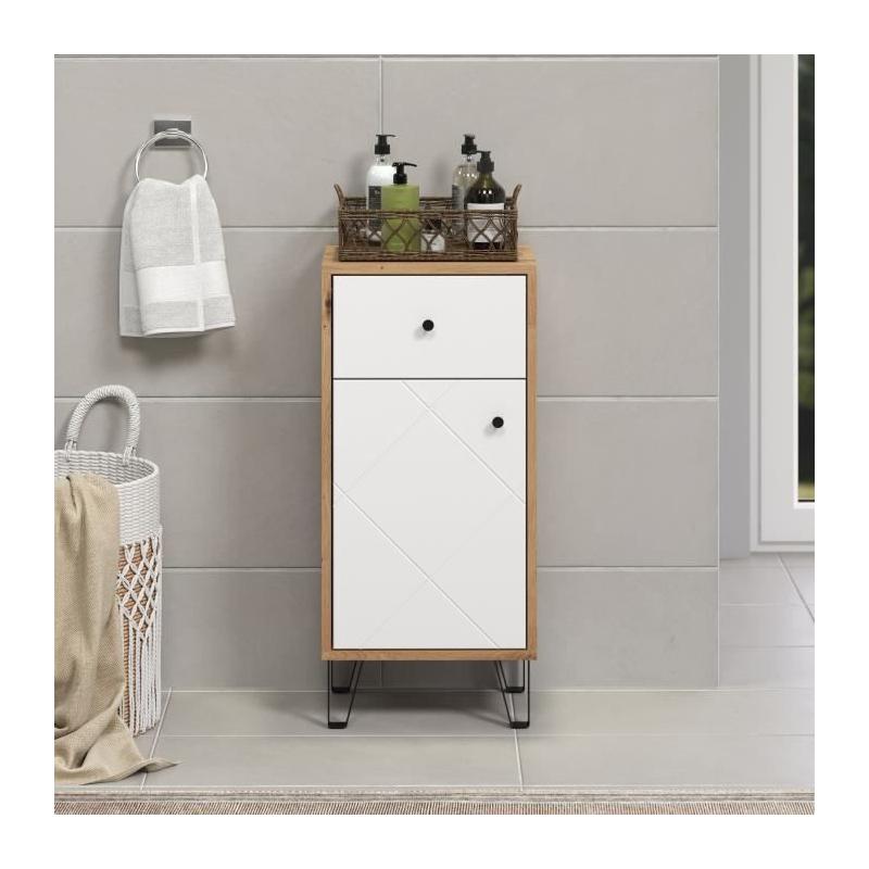 Armoire de salle de bain mat blanc et chêne - Pratique et élégante