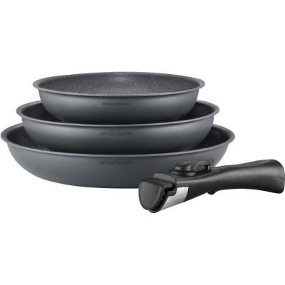 Batterie de cuisine ARTHUR MARTIN AM521GM - Set 3 poêles Gris Mat + poignée amovible