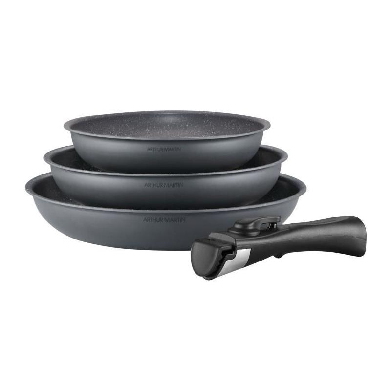 Batterie de cuisine ARTHUR MARTIN AM521GM - Set 3 poêles Gris Mat + poignée amovible