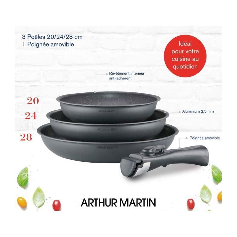 Batterie de cuisine ARTHUR MARTIN AM521GM - Set 3 poêles Gris Mat + poignée amovible
