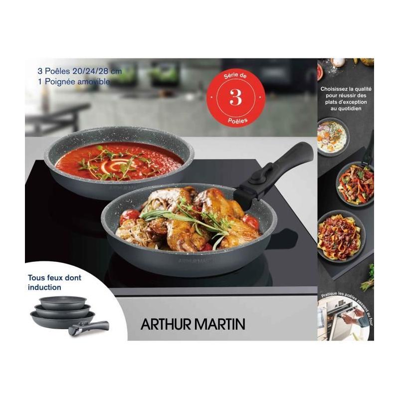 Batterie de cuisine ARTHUR MARTIN AM521GM - Set 3 poêles Gris Mat + poignée amovible