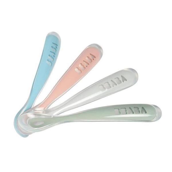 Cuilleres 1er âge en silicone - BEABA - Lot de 4 - Bleu, vert, rose - Souples pour les gencives
