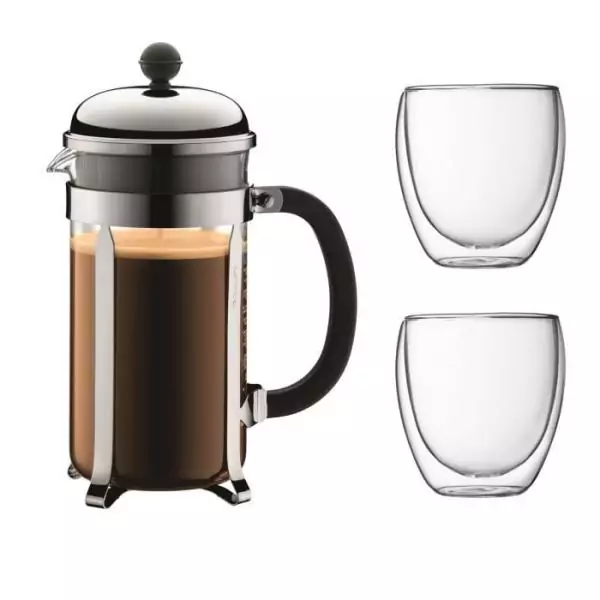 BODUM CHAMBORD Set cafetiere a piston - 8 tasses - 1L - Gris - Avec 2 verres double paroi Pavina 0,35l