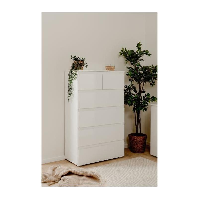 Commode CAPETOWN Blanc Brillant - 6 Tiroirs - L80cm