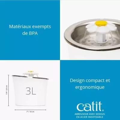 Fontaine à eau pour chat : CATIT - Fleur 3L - LED - Blanc