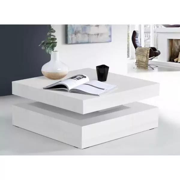 Table basse plateau rotatif - Carré Blanc brillant - 78 x 78 x 36 cm - COFFEE