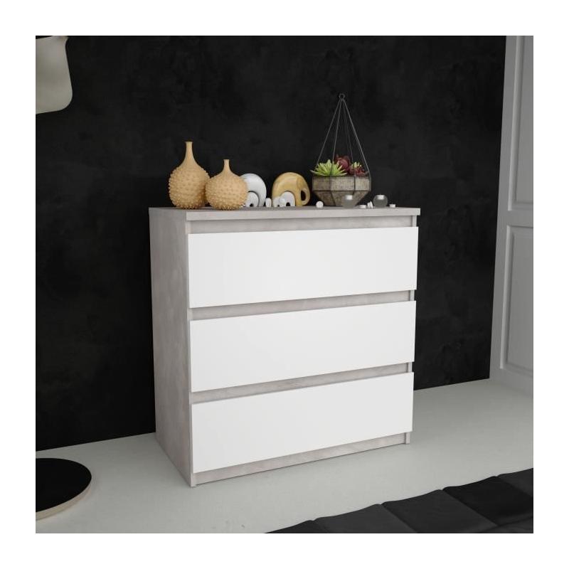 Commode CHELSEA 3 Tiroirs - Blanc/Béton Clair - L 77,2 x P 42 x H 79,9 cm