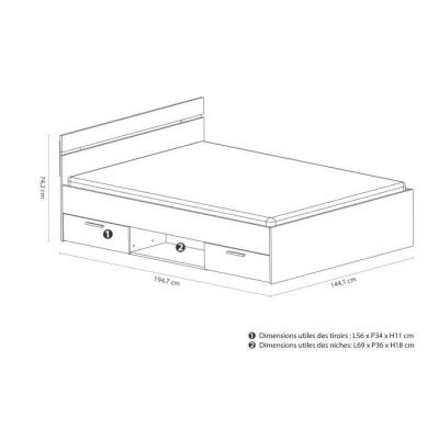 Lit adulte MICHIGAN 140x190 cm avec rangements - Blanc