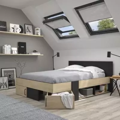 Lit adulte avec tiroirs de rangement - Châtaignier et noir - 140x190