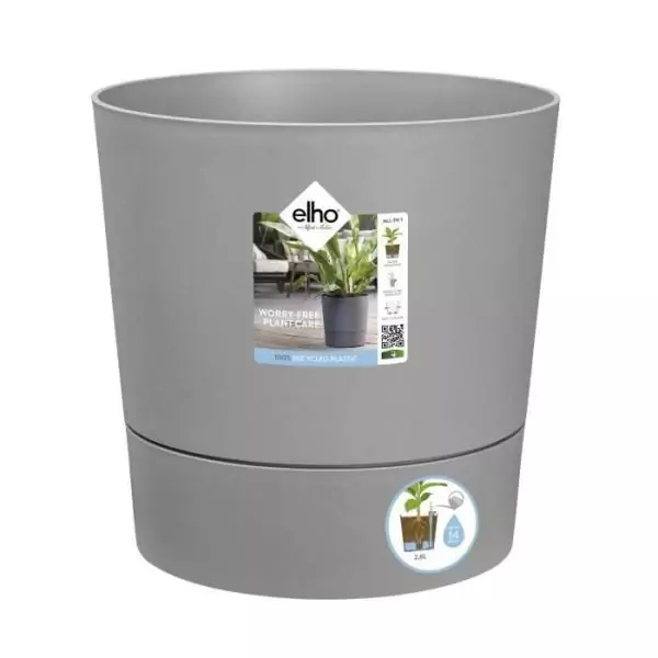 ELHO Pot de fleurs rond GREENSENSE AQUA CARE - 15 L - 29,5 x 29,,5 x H 29,1 cm - Ciment Clair - Plastique