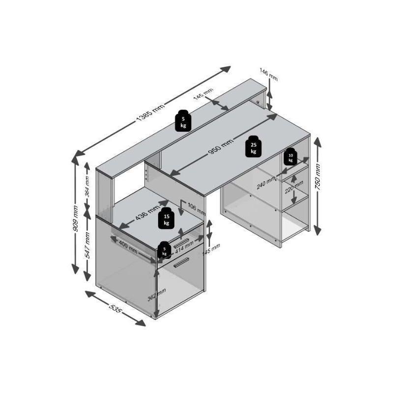 Bureau design avec rangements - Blanc/gris béton - L138,5 x H91,6 x P53,5 cm